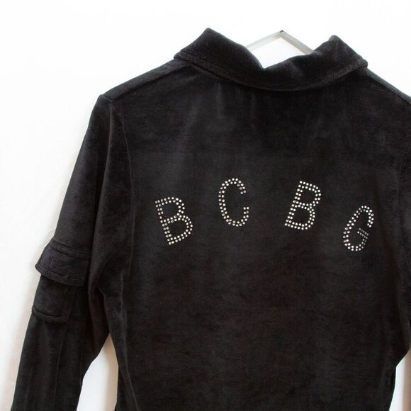 Vgt Y2K BCBG Rhinestones Bling Logo Black Velvet Tracksuit Jacket Sz L Full Zip - Picture 4 of 10
